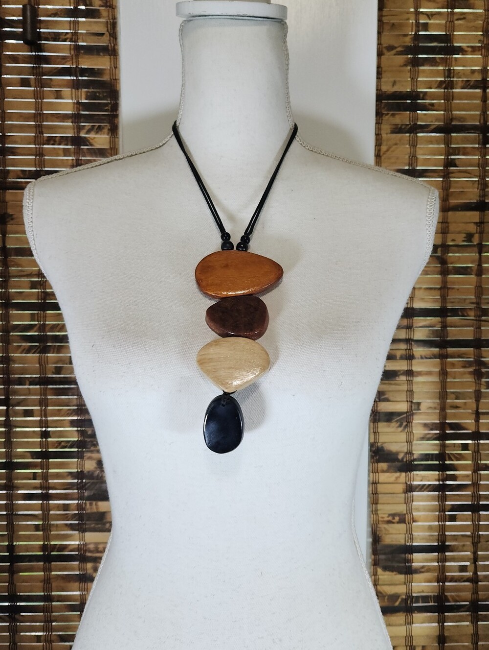 Handmade Wooden Multi-Tone Pendant Necklace - Brown/Beige/Black